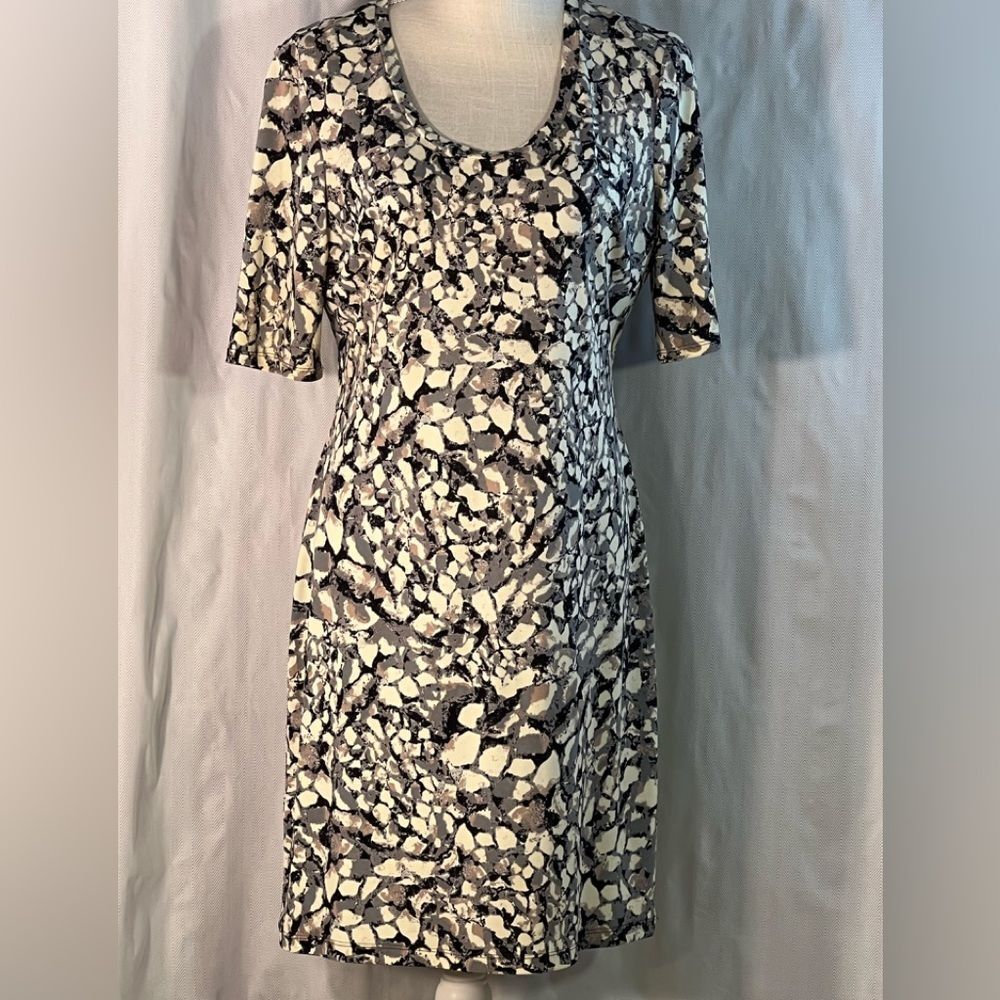 Marc New York Brown Black Jersey 3/4” Sleeves Scoop Neckline Dress 10👍